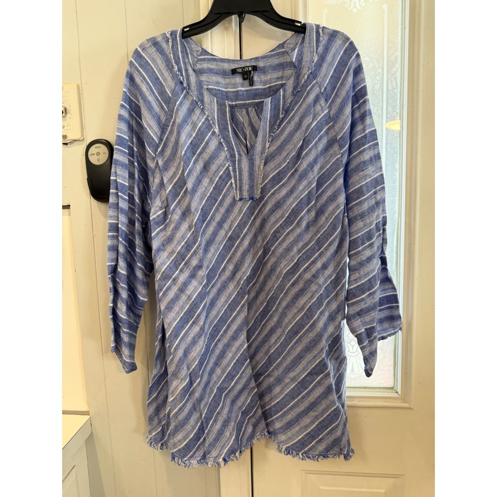 Nic+Zoe Blue White Striped Linen Blend Fringe Tunic Top Plus Size 3X
